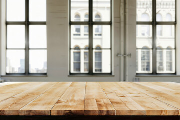Poster - Empty wooden tabletop perfect for displaying products with a blurred building background