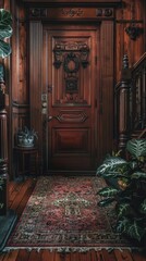 Poster - A closeup view of an old wooden door with a decorative frame and