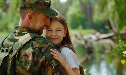 Joyful military father daughter reunion in lush outdoor setting