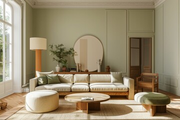 Wall Mural - Classic living room interior with beige walls, wooden floor, beige sofa, round coffee table and armchair.