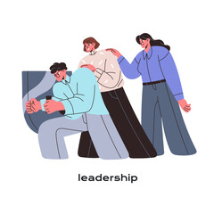 Poster - Leadership skill concept. Leader and team challenge obstacles, solve problems together. Office worker leads employees to success. Support, help in teamwork. Flat isolated vector illustration on white