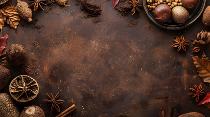 Rich brown color scheme with various spices like cinnamon, cloves, and star anise. Perfect for aromatic, earthy designs.