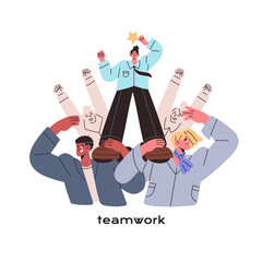 Poster - Teamwork and leadership concept. Team achieves corporate success. Employees and leader celebrate win together. Office workers, coworkers rejoice in victory. Flat isolated vector illustration on white