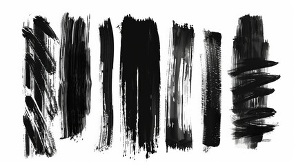 Fototapete - The image consists of various black paint brush strokes on a white background, showcasing different textures and patterns, ideal for artistic or abstract representation.