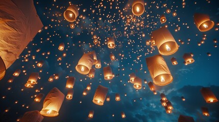 Aufkleber - An enchanting display of countless paper lanterns floating gracefully in the night sky, creating a magical ambiance and a captivating visual spectacle against a twilight backdrop.