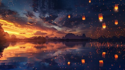 Aufkleber - The sky adorned with an array of floating lanterns during the twilight hours, creating a mesmerizing and serene atmosphere with warm, glowing light against a tranquil backdrop.