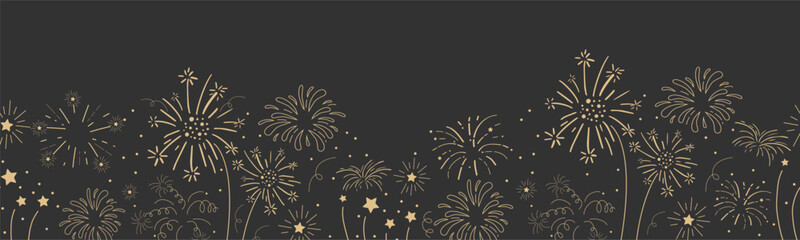 Sticker - fireworks festive explosion golden bursts, sparks in doodle style seamless pattern border. holiday c