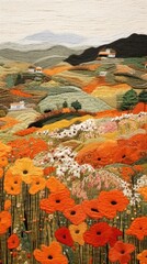 Canvas Print - Orange flower fields landscape outdoors painting.