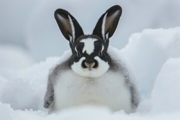 Poster - A black and white rabbit camouflaged marvelously in the snowy environment, with its ears perked up and fur dusted with snowflakes, presenting a picture of cute wildlife adaptability.