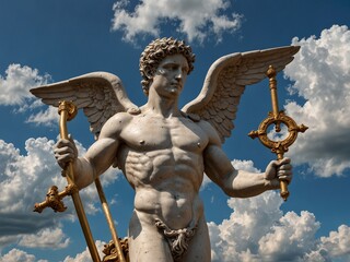 Wall Mural - Statue of Hermes, wearing a winged helmet, holding a caduceus, with clouds and the heavens in the background.