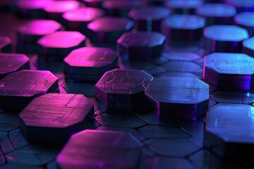 Poster - Hexagonal shapes in purple and pink background, Luminous hexagon background, AI generated