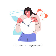 Poster - Time management concept. Self organization, discipline, efficient abilities. Worker with soft skills to planning. Employee appoints deadline with watch. Flat isolated vector illustration on white