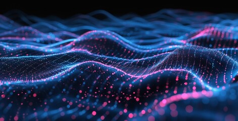 Wall Mural - abstract background with blue and pink glowing lines on a dark black background.