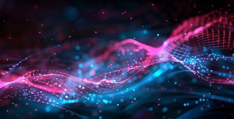 Wall Mural - abstract background with blue and pink glowing lines on a dark black background.