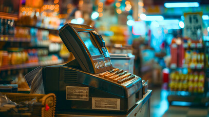 Closeup of an electronic cash register in a retail store checkout at supermarket, purchasing groceries and food, daily shopping, payment with cash or credit card in the market shop, employee workplace