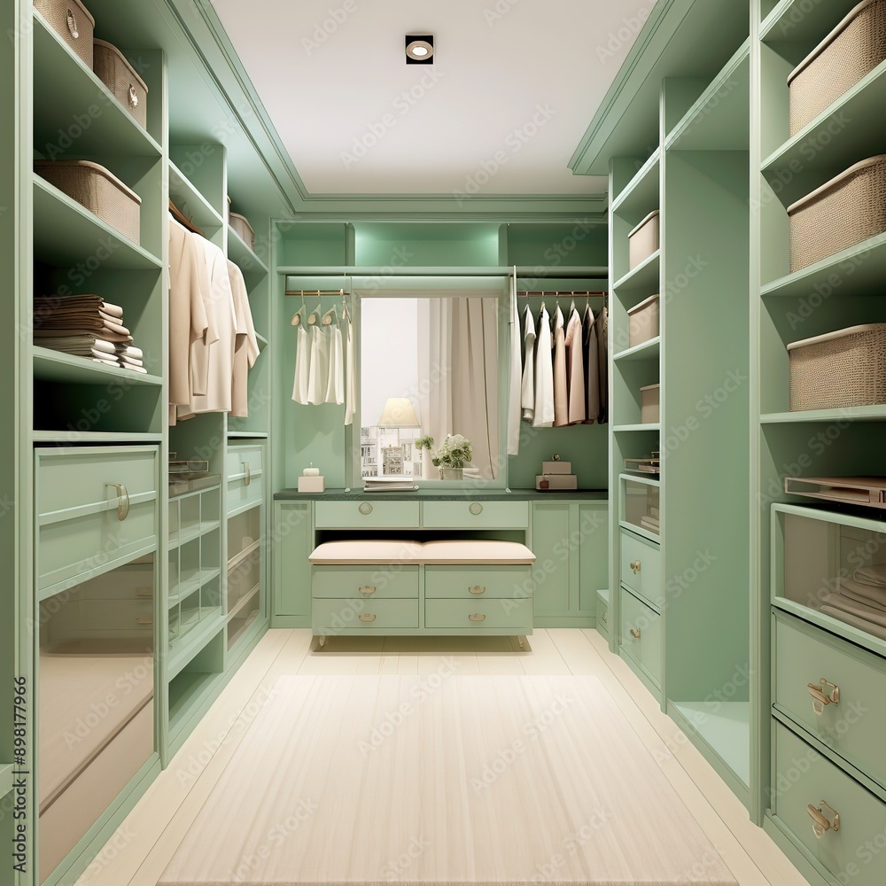 This spacious walk-in closet features an open layout with a color ...