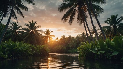 Wall Mural - Gorgeous jungle sunset lagoon, palm trees and tropical leaves, background or wallpaper design