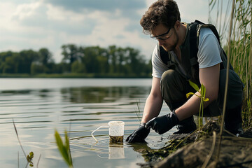 Environmental scientist in nature collecting samples