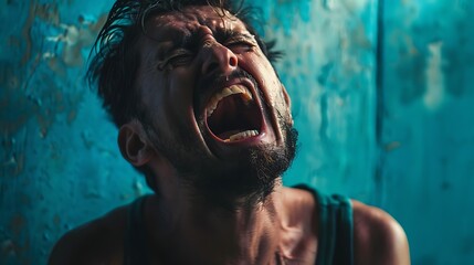 Portrait of a young man screaming on a dark background, close-up