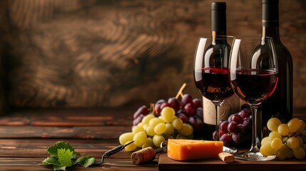 Aufkleber - Two glasses of red wine, two bottles of red wine, a wedge of cheese, grapes, and a corkscrew on a wooden table. Generative AI
