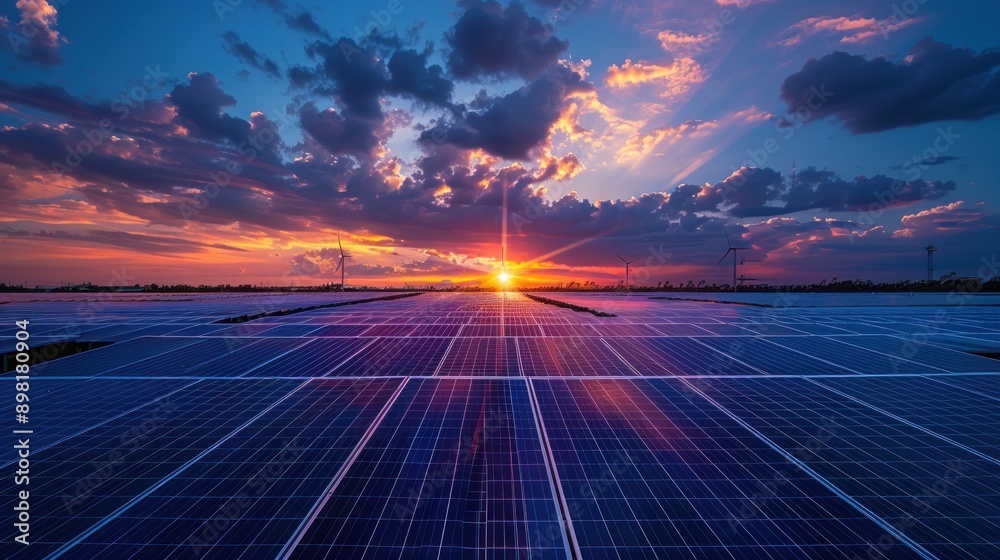 Ilustrace Against the canvas of the evening sky, a sustainable solar ...