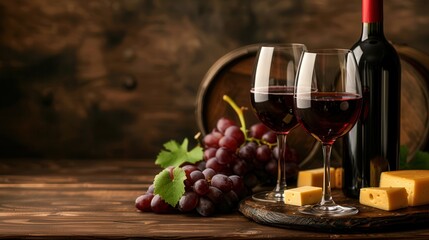 Fototapete - Two full glasses of red wine, a bottle of wine, a bunch of grapes, and cheese on a wooden table in a rustic setting. Generative AI