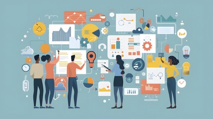 Fototapete - A digital brainstorming session with team members using approaches and methods to find solutions that satisfy all parties involved in a conflict