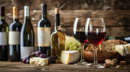 Aufkleber - Two glasses of red wine, a selection of cheeses, and several wine bottles sit on a rustic wooden table. Generative AI