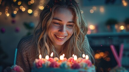 Wall Mural - A cheerful young lady with sparkling eyes is holding a cake decorated with numerous lit candles as part of birthday festivities and a gesture to honor those who make every day unique.