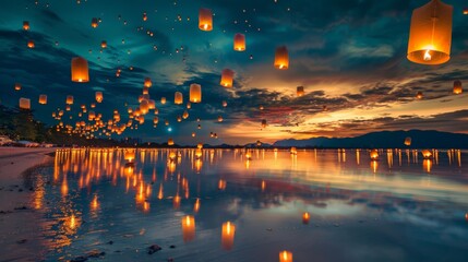 Aufkleber - A myriad of lanterns take flight and float above a tranquil body of water at twilight, illuminating the sky and water surface with their warm glow.