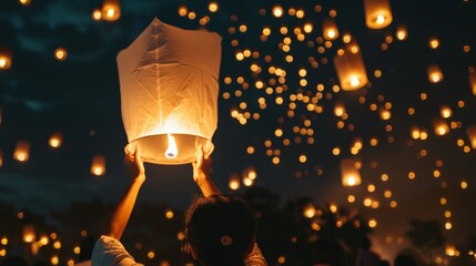 Aufkleber - Participants release sky lanterns into the night sky, illuminating the surroundings with a warm glow, creating a mesmerizing and peaceful festival atmosphere.