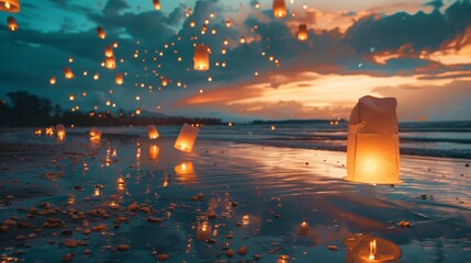 Poster - Sky lanterns float on water as the sun sets, creating a beautiful reflection and a harmonious atmosphere during a sunset event on the coastline.