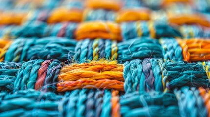 Poster - The image captures a detailed close-up view of a multi-colored woven fabric, showcasing the intricately intertwined threads in a mix of blue, orange, and yellow hues.