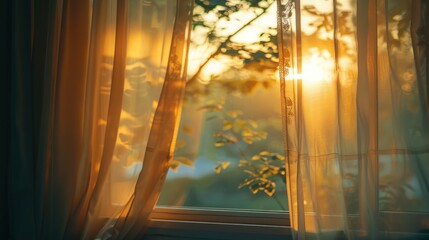 A detail of a bedroom at sunrise, showing soft sunlight filtering in and highlighting the peaceful atmosphere of waking up Sun rays shining through window and into a cozy bed