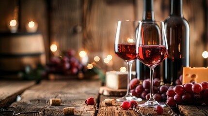 Aufkleber - Two glasses of red wine filled to the brim stand next to two bottles of wine on a wooden table with a cheese wedge and grapes. Generative AI