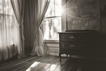 Wall Mural - Black and white photo of old vintage wooden chest of drawers in the room