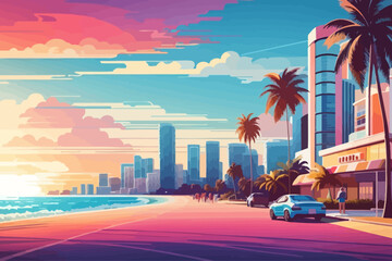 Wall Mural - at sunset illustration of the beach in Miami