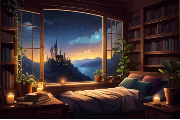 Wall Mural - fantasy illustration of a warm cozy medieval