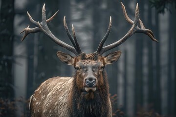 Wall Mural - atmospheric closeup portrait of a majestic elk in misty forest with soft morning light filtering through trees highlighting antlers and soulful eyes