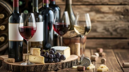 Aufkleber - A wooden table set with wine bottles, wine glasses, cheese, grapes, and a corkscrew. Generative AI