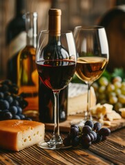 Aufkleber - Two glasses of wine, one red and one white, sit on a rustic wooden table, accompanied by cheese, grapes, and a bottle of wine. Generative AI