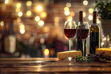 Aufkleber - Two glasses of red wine with cheese and grapes on a rustic wooden table in a cozy, dimly lit restaurant or bar. Generative AI