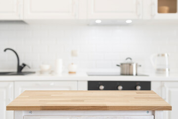 Wall Mural - rectangular wooden table on light and bright modern kitchen interior background