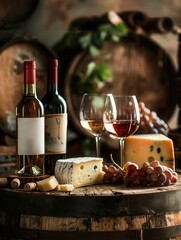 Aufkleber - Two wine bottles, two wine glasses, a wedge of cheese, and grapes are arranged on a wooden barrel table in a rustic setting. Generative AI