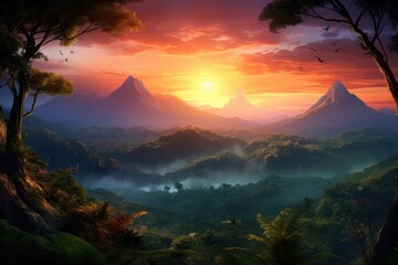 Poster - Jungle mountans landscape outdoors sunrise.