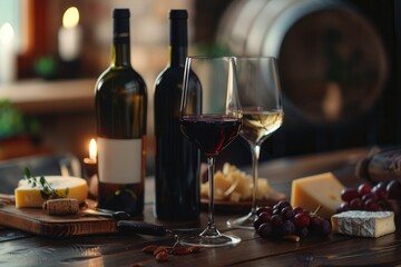 Aufkleber - A wooden table set with wine bottles, glasses of red and white wine, cheese, grapes, and a lit candle. Generative AI