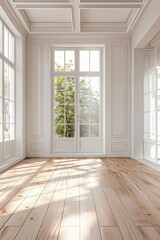 Wall Mural - white room with window and parquet floor.