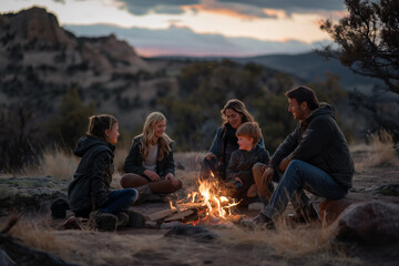 Family campfire under night sky