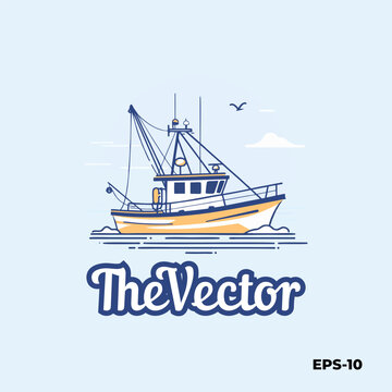 fishing boat line logo, vector, mascot, character, cartoon, illustration