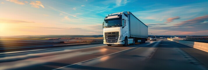 Poster - A white semi-truck drives on a highway, with a bright blue sky and a golden sunset in the background. Generative AI